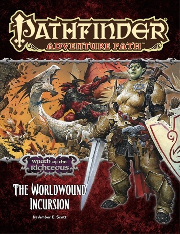 An image showing the cover of The Worldwound Incursion. A green Orcish woman with short black hair, wearing resplendent gold armour and bearing a sword and shield dominates the cover, while in the background a white dragon fights a red demon in a dramatic battle.