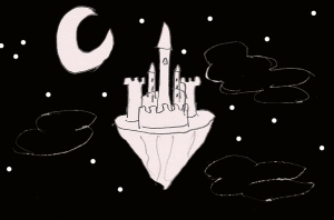 A poorly drawn castle on a floating island in the middle of a starry sky with a poorly drawn crescent moon above it.