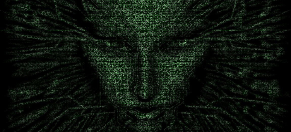 A landscape image of Shodan, a feminine face made up of green digital characters against a black background.