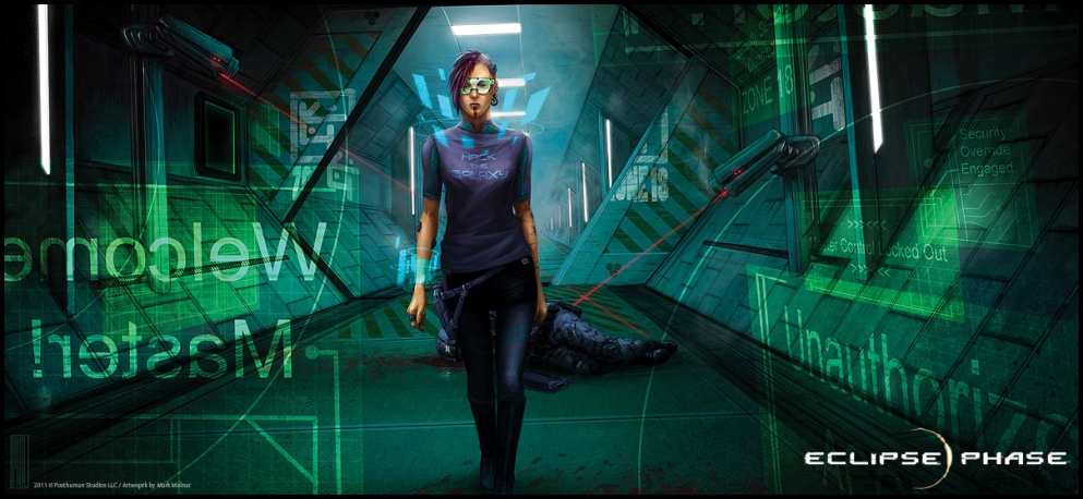 An androgynous woman striding confidently down a green hallway wearing a shirt that says "Hack the Galaxy", the air around her alive with holographic screens, a guard behind her laying incapacitated from ongoing laser fire, approaching a door where screens warn her she is unauthorised.