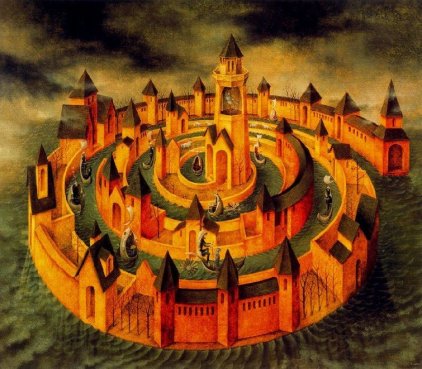 A classic, surrealist painting of a castle in a spiral configuration converging on the centre, its channels in between populated by figures.